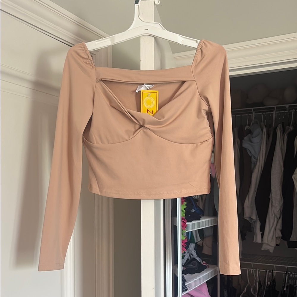 Zoya Tan Long Sleeve Crop Blouse with Tie Front